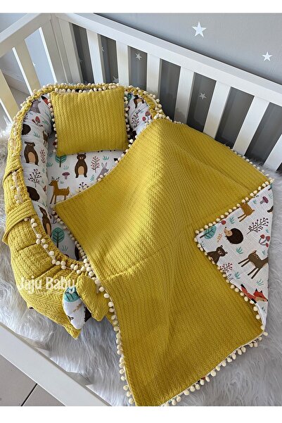 Jaju Baby Nest Örgü Ve Orman Kumaş Ponponlu 3'lü Jaju-babynest Anne Yanı Bebe...
