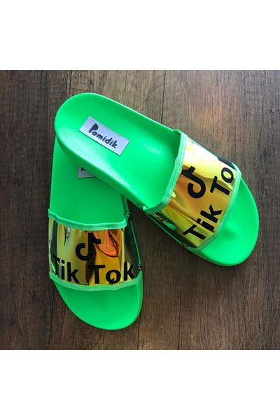 Pomidik Γυναικείες καλοκαιρινές παντόφλες με μονό λουράκι με πράσινο νέον γυαλιστερό γράμμα