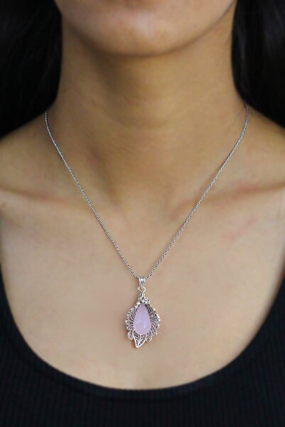 Midyat Nurtaş Gümüş Pembe Kuvars Taşlı Zambak Model Telkari Gümüş Kolye