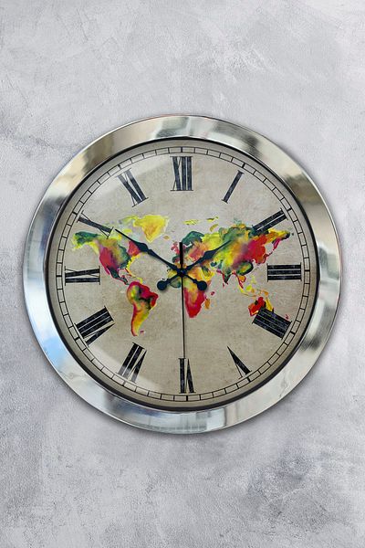 Kasva Concept Gift 36 cm Chrome Metal Maps Wall Clock