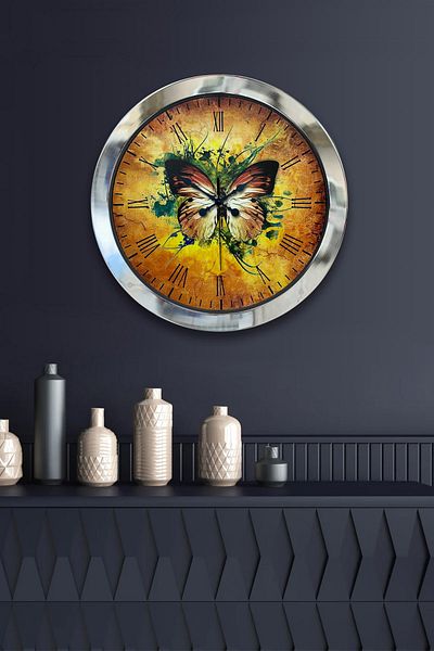 Kasva Concept Gift 36 cm Chrome Metal Butterfly Wall Clock