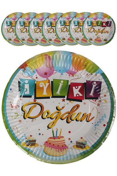 Kına Atölyesi Birthday Cardboard Plate Colorful 8 Pieces