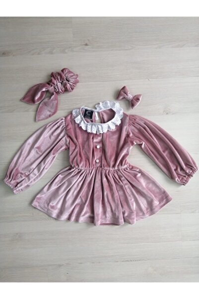 CutieCase Kız Çocuk Gül Kurusu Kadife Beli Lastikli Kiloş Elbise & Toka Takımı