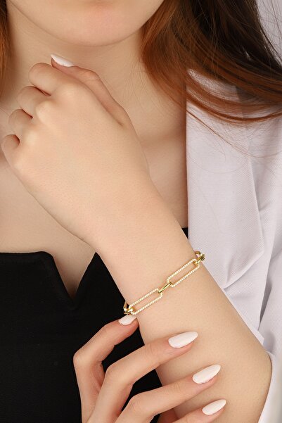 Lia Berto Kadın Altın Kaplama Taşlı Taşsız Geçişli  Gümüş Bileklik