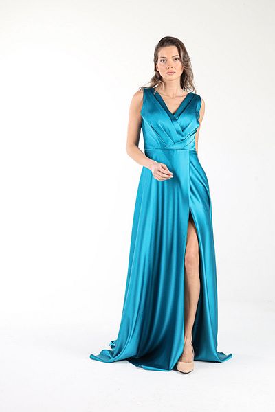 ALİS DRESS فستان سهرة من الساتان ذو ثنيات على الصدر باللون البترولي