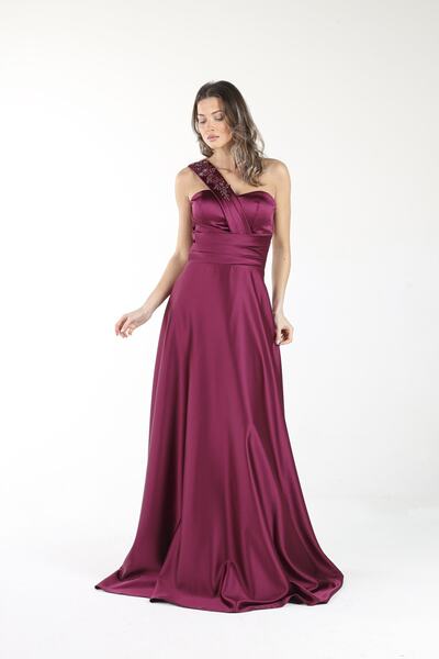 ALİS DRESS Violet Tek Omuz Işlemeli Saten Abiye