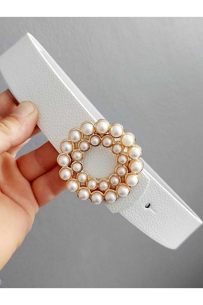Kemerix Dámský bílý pásek s kulatou přezkou Pearl Stone Gold