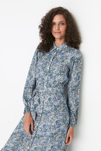 Trendyol Modest Rochie țesută cu curea cu guler cămașă albastră TCTSS22EB00001