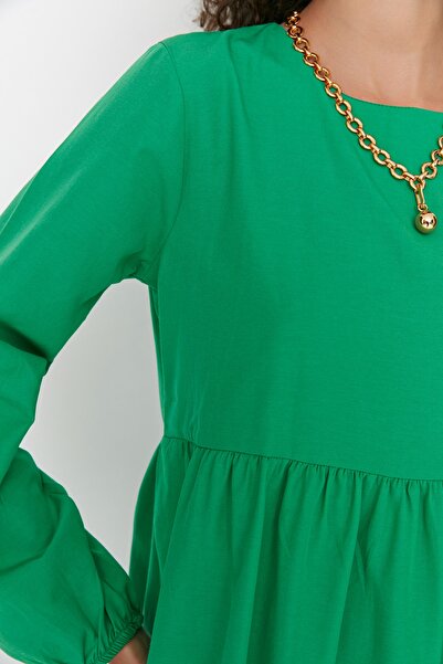 Trendyol Modest Green Gather Detailed Cotton Wide Fit tkané šaty TCTSS21EL3406