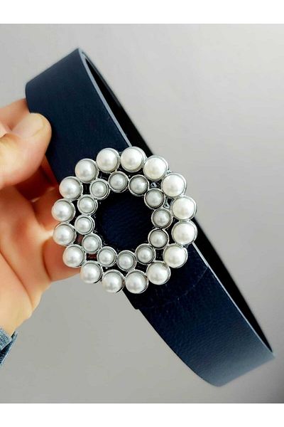 Kemerix Women's Pearl Stone Silver Round Buckle Double Sided Navy Blue-black Belt