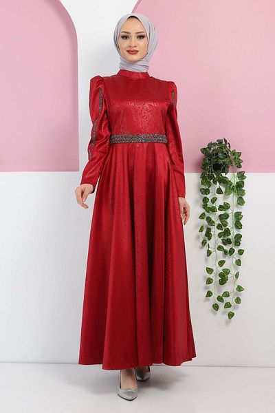 Modamihram Burnt Patterned Stone Evening Dress Claret Red