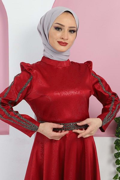 Modamihram Burnt Patterned Stone Evening Dress Claret Red