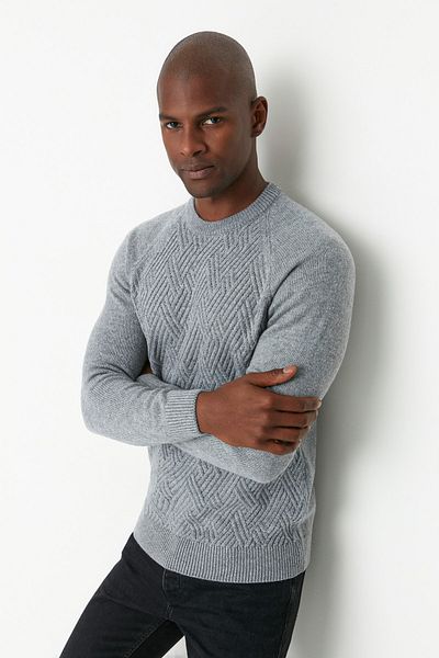 Trendyol Collection Grauer Unisex-Raglan-Strickpullover aus Wolle mit Rundhalsausschnitt – TMNAW22KZ0290