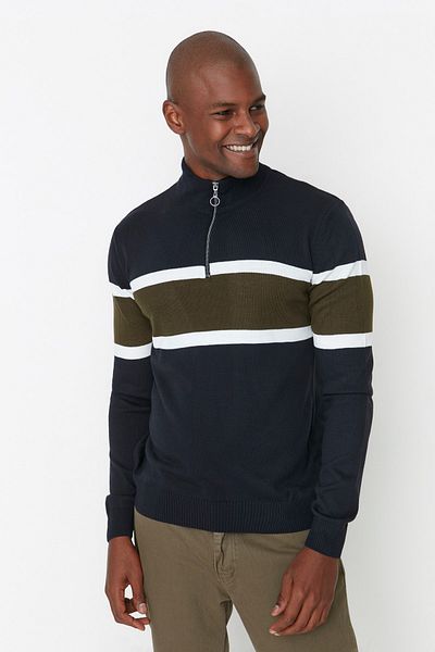 Trendyol Collection Sötétkék színes blokk Slim Fit kötöttáru pulóver - fél garbó TMNAW20MG0022