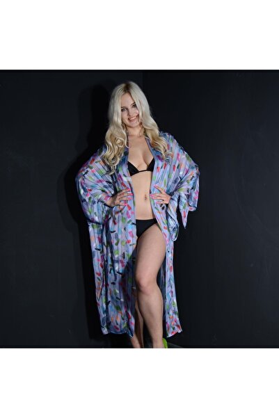 Tedz Collection Paredora Gök Mavi Fırça Desenli Kimono Pareo