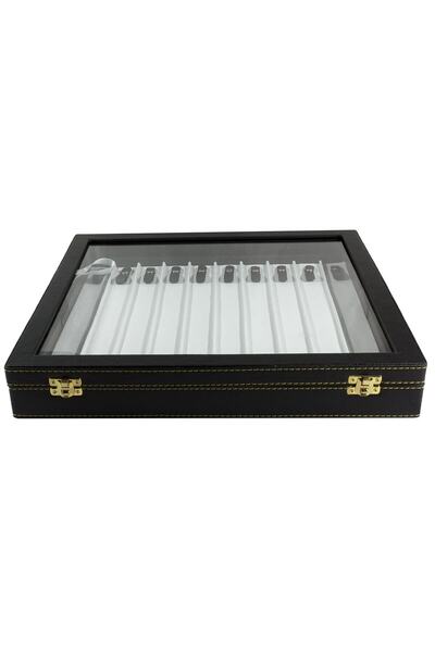 Tesbih Kardeşliği Siyah Renk 21li Cam Kapaklı Koleksiyonluk Deri Tesbih Kutusu