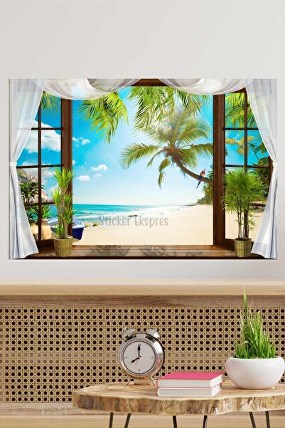 Sticker Ekspres Pencere Palmiye Ve Deniz Manzara Duvar Sticker