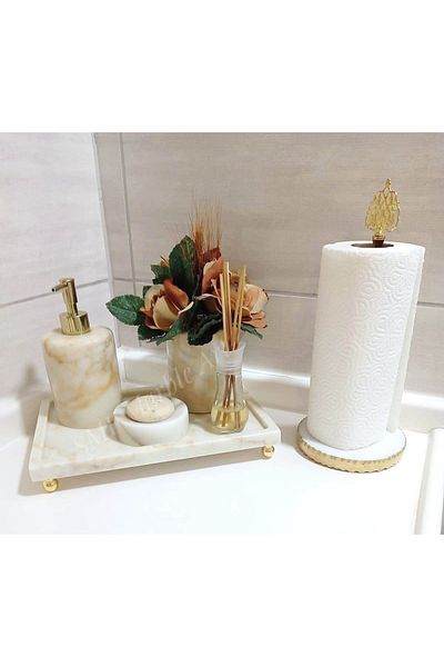 Sümeyra Marble Art Light Sugar - Natural Marble Bathroom Set | One Piece Tray | Gold Top Footed | Gold Towel Holder | 5's
