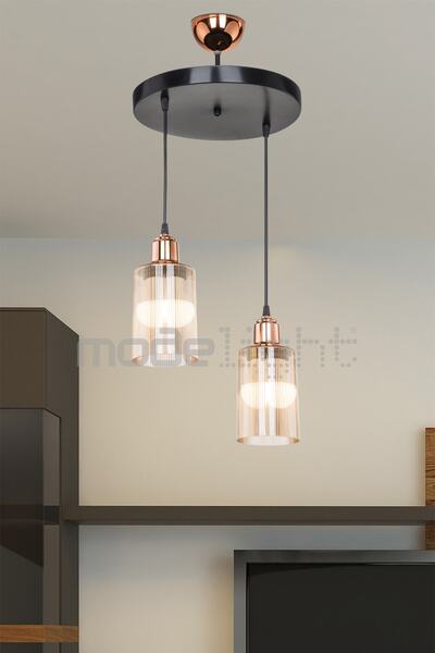 Modelight Aksel Bakır Duylu 2li Optik Camlı Avize