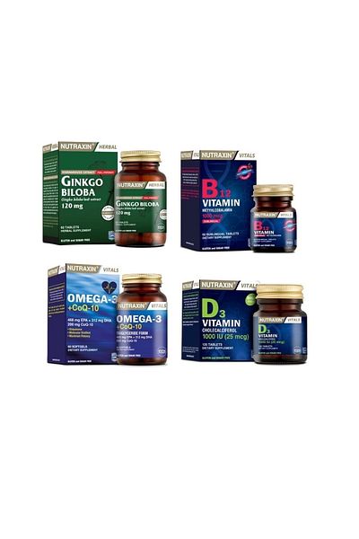 Nutraxin Ginkgo Biloba and Omega 3 Coenzyme 60 Tablets + Vitamin B12 and D3 Capsules