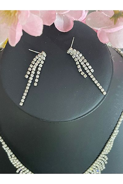 Gönülden Tasarım Zircon Stone Silver Color Necklace Earring Bridal Engagement Set Party Invitation Set