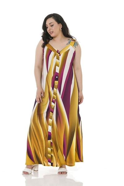 DISENTIS MODEST Büyük Beden Kalın Bant Askılı Önü Boydan Düğmeli Uzun Hardal Elbise