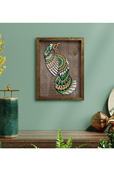 Bk Gift Home Tavus Kuşu Tasarımlı Doğal Masif Ahşap Çerçeveli Tablo-1