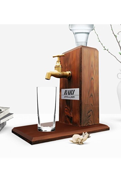 BK Custom Wooden Natural Rakı Stand With Tap - Walnut