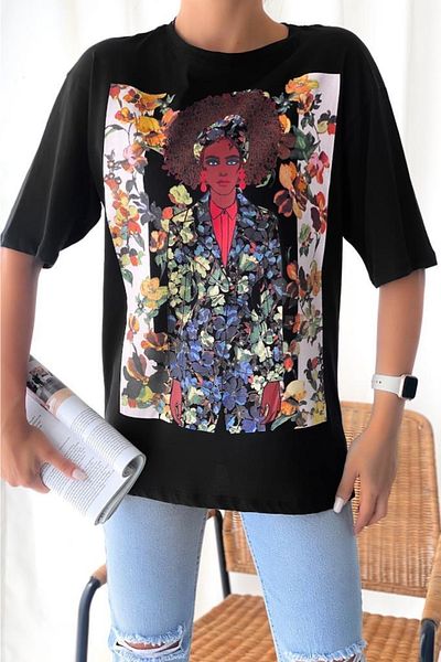 FEMELLE Tricou din bumbac cu design imprimat Leaf Girl pentru femei