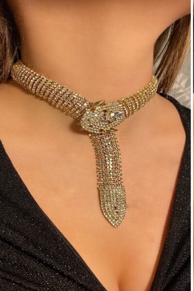 BB wikiki Taşlı Yılan Choker Kolye Gold