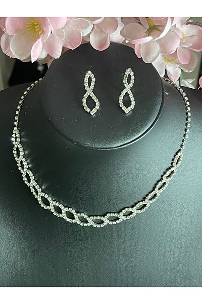 Gönülden Tasarım Zircon Stone Silver Color Necklace Earring Bridal Engagement Set Party Invitation Set