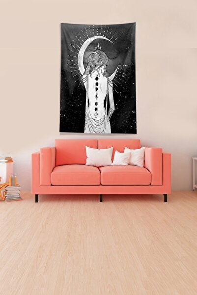 linazaitun Black Moon Tattooed Girl Stain Resistant Velvet Fabric Wall Cloth ...