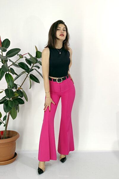 MissVina Women's Fuchsia High Waist Spanish Leg Belted Trousers Casual Daily ...