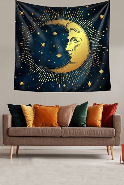 linazaitun Crescent Moon Sky Stain Resistant Velvet Textured Fabric Wall Cove...