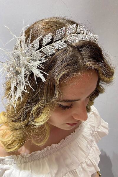 Bontex Αξεσουάρ για μαλλιά και τουρμπάνι σε γκρι χρώμα με φτερά - Αξεσουάρ νύφης