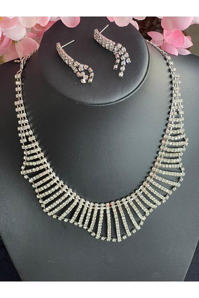 Gönülden Tasarım Zircon Stone Silver Color Necklace Earring Bridal Engagement Set Party Invitation Set
