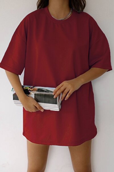 JAKARLI J Βουργουνδία Unisex Cotton Crew Neck Boyfriend πλεκτό μπλουζάκι Over...