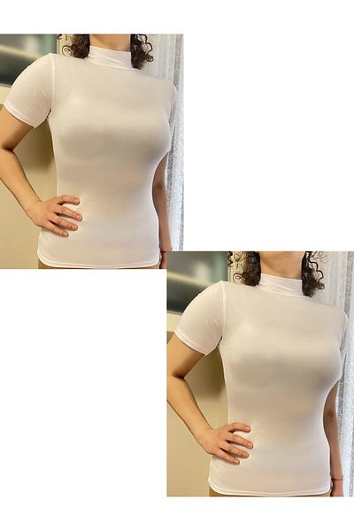 Betimoda Women's Short Sleeve Half Turtleneck White Bodysuit 2 Pieces