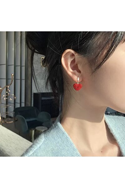 BeuBella Aksesuar Kırmızı Kristal Taş Kaplı Mini Kalp Küpe