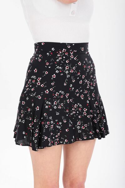 ONO STORE Siyah Çiçekli Şortlu Mini Etek