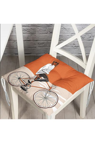 Realhomes Dark Orange Cream Floor Bicycle Man Motif Fluffy Chair Cushion
