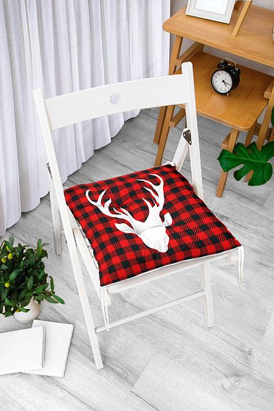 Realhomes New Year's Themed Red Black Plaid Floor Deer Motif Fluffy Chair Cushion