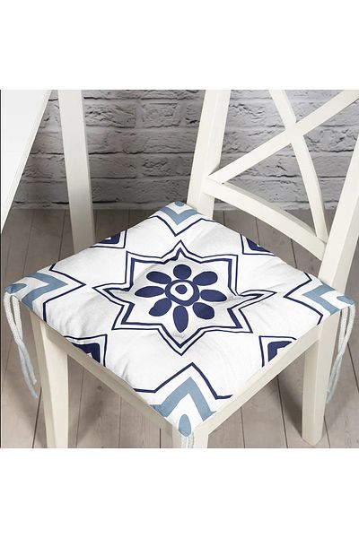 Realhomes Digital Printed Fluffy Chair Cushion with Blue Tile Drawing