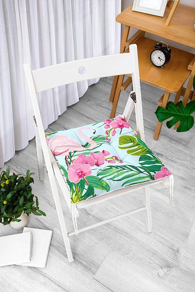Realhomes Colorful Tropical Leaf Flamingo Motif Fluffy Chair Cushion