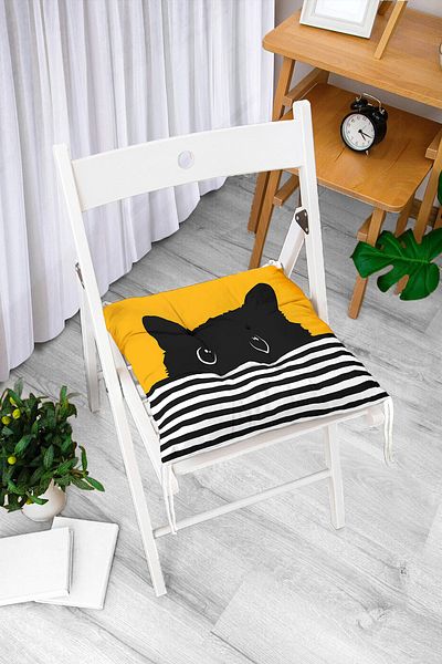 Realhomes Modern Fluffy Chair Cushion with Yellow Striped Motif Black Cat Design