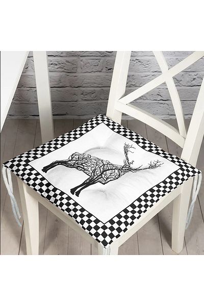 Realhomes Puffy Chair Cushion with Checkerboard Framed Tree Design and Deer Drawing