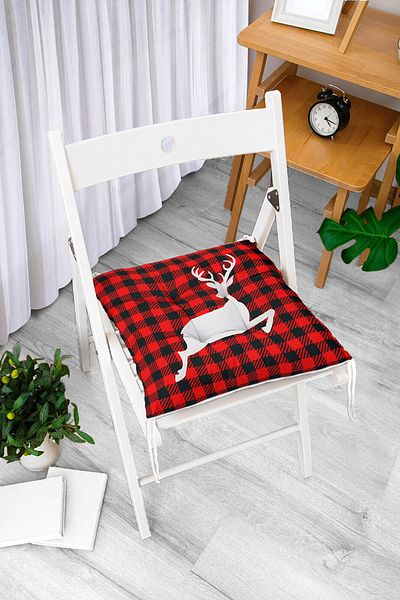 Realhomes Black Red Plaid Background White Deer Christmas Themed Fluffy Chair Cushion
