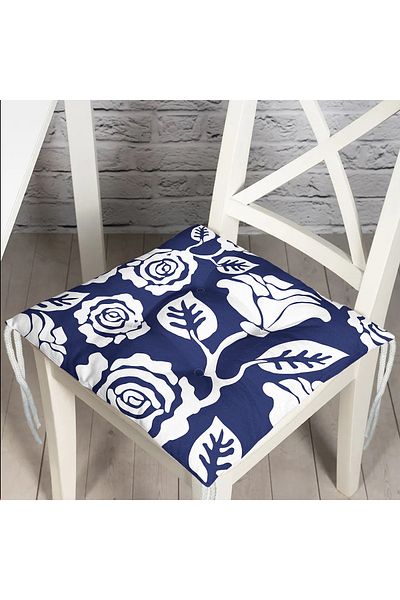 Realhomes White Tropical Leaf Motif Fluffy Chair Cushion with Dark Blue Floor