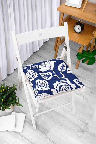 Realhomes White Tropical Leaf Motif Fluffy Chair Cushion with Dark Blue Floor