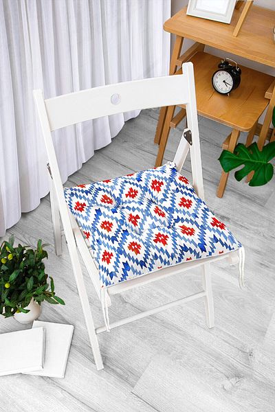 Realhomes Modern Fluffy Chair Cushion with Geometric Blue Tile Pattern